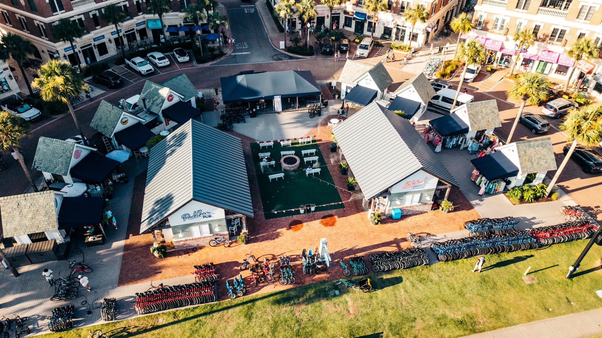 Aerial view of the Peddlers 30A rental yard and shops at Seacrest Beach